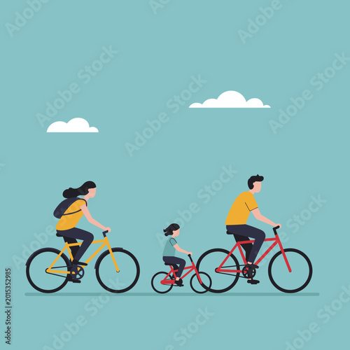 A happy family of three, mother, father, and child, enjoying a leisurely bike ride together under a clear blue sky with white clouds.