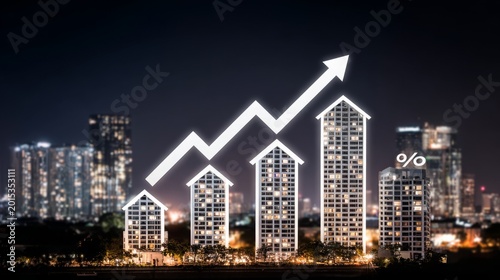 Housing market growth concept with upward arrow, house icons and percentage signs over modern city skyline at night symbolizing real estate investment, property value rise and financial development