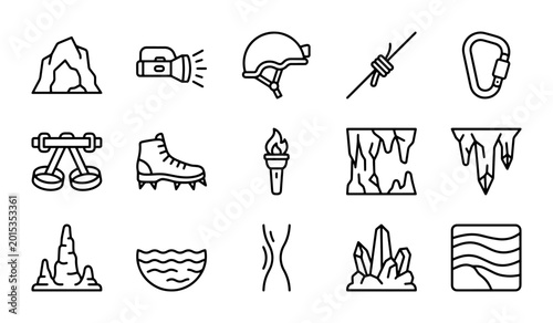 Photos Caving Equipment and Cave Formations Icons Set, Adventure and Exploration Vector