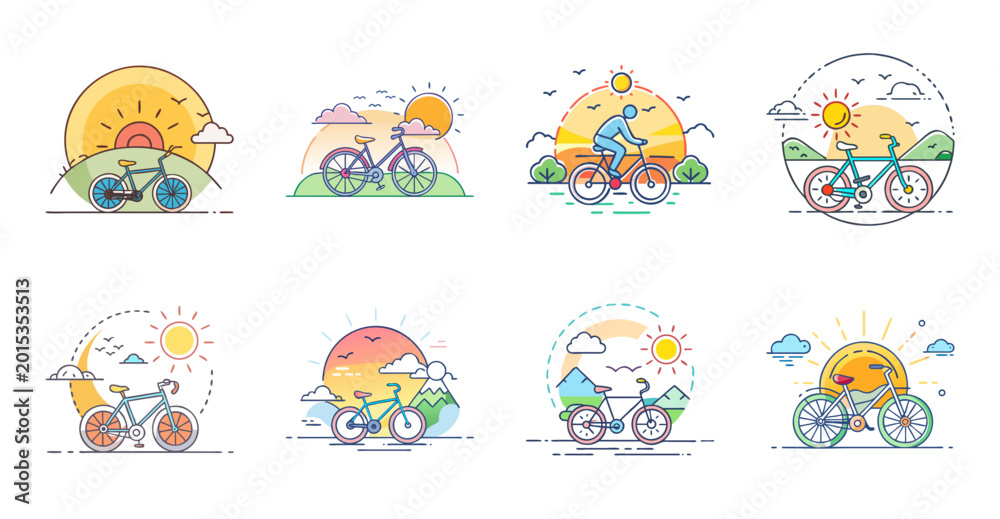 Fototapeta premium Colorful flat icons of happy summer picnic activities - Bright and cheerful vector icons showing picnic-themed activities like eating, drinking, and relaxing in a fun outdoor summer setting.