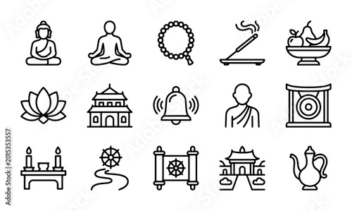 Schilderij op canvas Buddhist Icons Set, Meditation, Zen Symbols, Spiritual Objects, Religion Vector