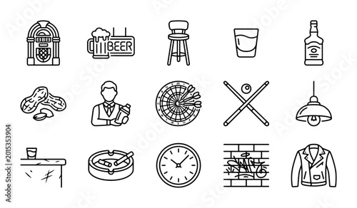 Foto Bar Icons Set, Retro Jukebox, Beer Sign, Bartender, Whiskey Bottle, Pool Cues, L