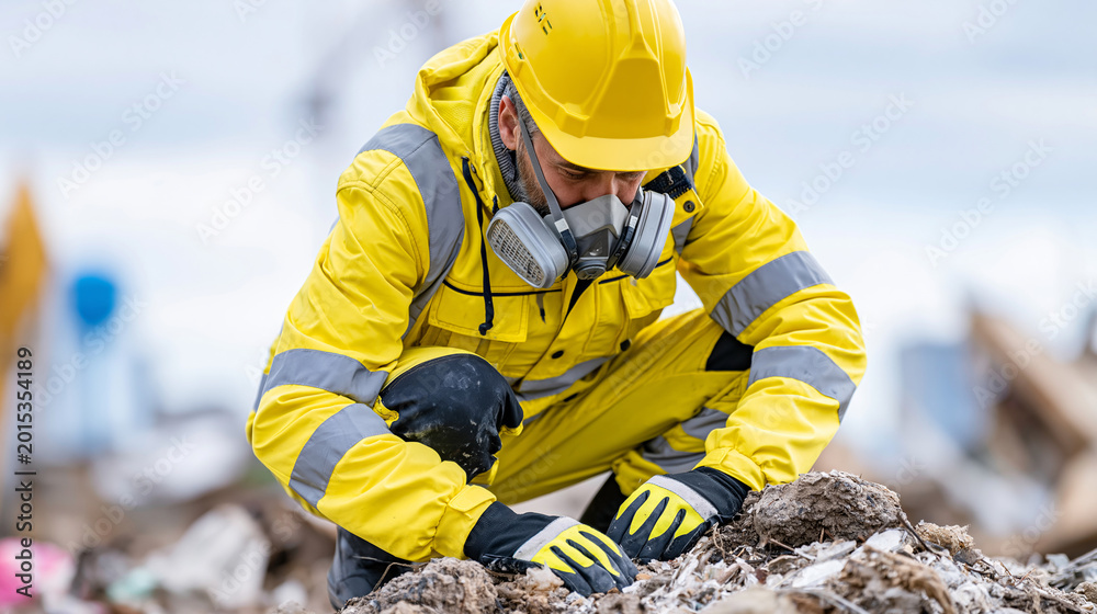 Fototapeta premium Worker in yellow protective gear and gas mask inspecting debris at a construction site, safety assessment and hazard management concept, with copy space