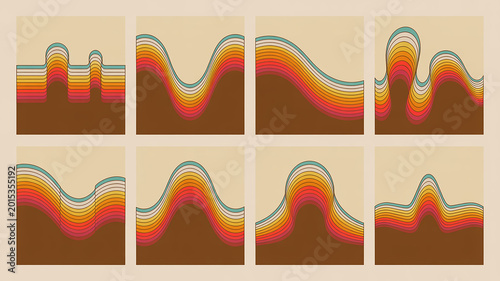 A set of eight retro-style wavy line illustrations arranged in a 2x4 grid