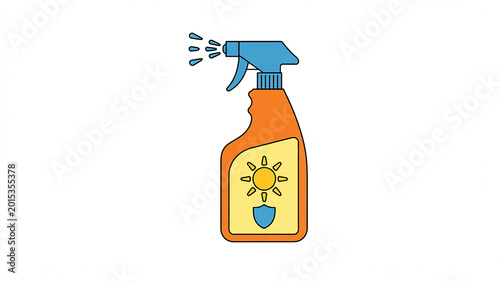 A simple cartoon illustration of a spray bottle with a sun and shield symbol on its label