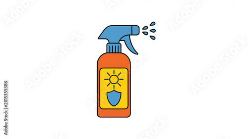 A simple cartoon illustration of a spray bottle with a sun and shield symbol on its label