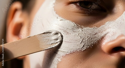 Woman applying natural clay face mask during skincare routine at home