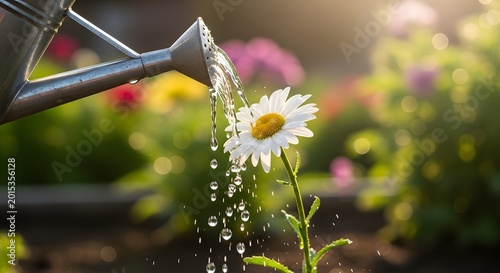 Water spraying on white daisy flower in sunny garden with blurred colorful background