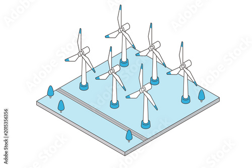 Cyan and black isometric wind power farm illustration with wind turbines and renewable energy concept