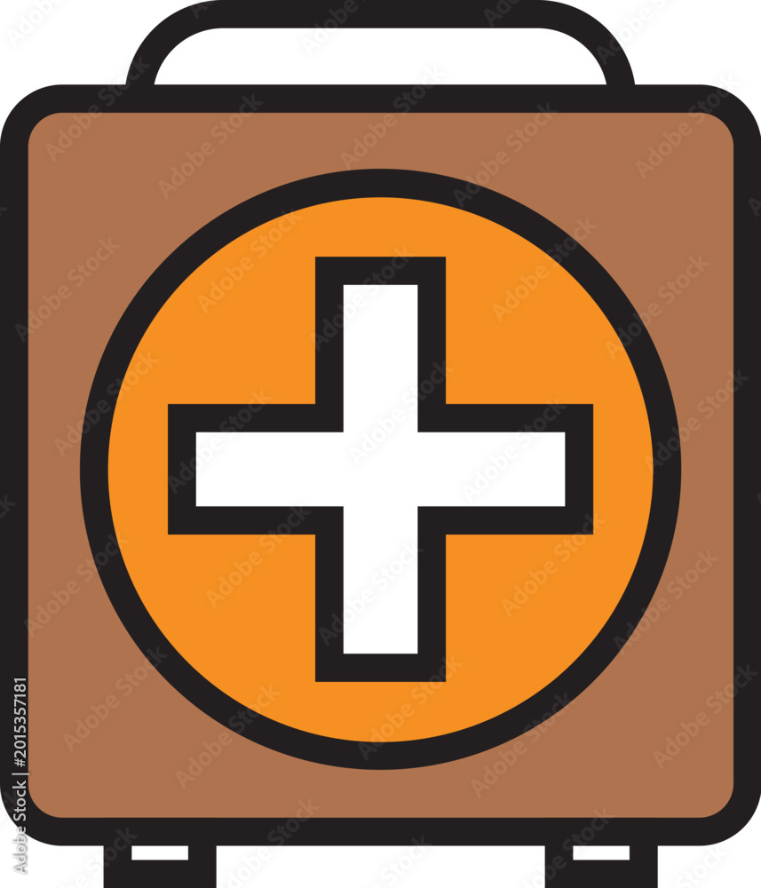Fototapeta premium Cartoon brown first aid kit icon with white cross on vibrant orange emblem.