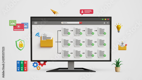 Digital Document Management System. Data Structure, Cloud Storage, Files Organization Workflow, Files Automation and Online Data Access. DMS Dashboard on Computer. 3D Illustration