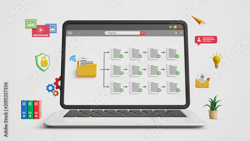 Digital Document Management System. Data Structure, Cloud Storage, Files Organization Workflow, Files Automation and Online Data Access. DMS Dashboard on Laptop. 3D Illustration