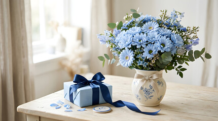Fathers day gift ideas blue flowers and gift box on wooden table
