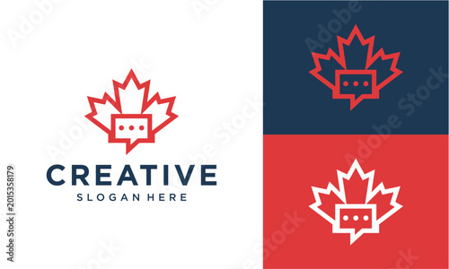 Modern Canadian maple leaf and chat bubble logo design representing creative communication, national dialogue, and community connection, ideal for digital platforms or business branding