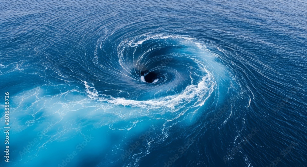 Obraz premium An intense ocean whirlpool vortex with swirling blue water creating a powerful maelstrom effect