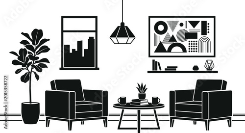Modern living room interior with furniture plants and city view black silhouette style illustration