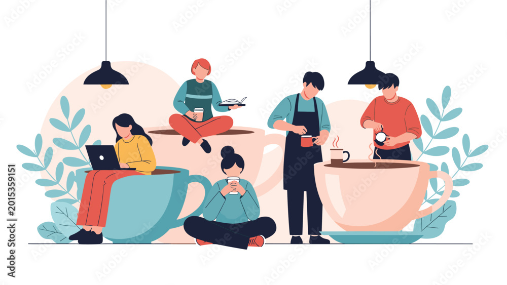 Obraz premium Group of miniature people enjoy various coffee-related activities including brewing and relaxing on giant oversized coffee cups and saucers.