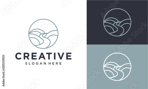 Elegant minimalist line art logo design showcasing a winding road or river through a natural landscape, neatly framed in a circle, symbolizing journey, growth, and exploration