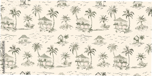 Obraz na płótnie Tropical huts and palm trees seamless pattern hand drawn style
