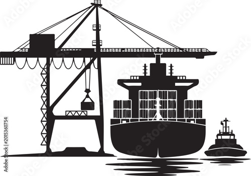 Cargo ship at port with crane and tugboat Vector