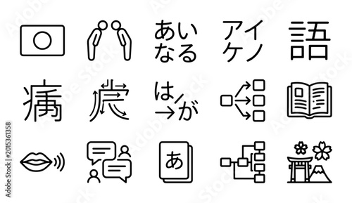 Slika na platnu Japanese Language Learning Icons Set, Hiragana Katakana Kanji Symbols, Education