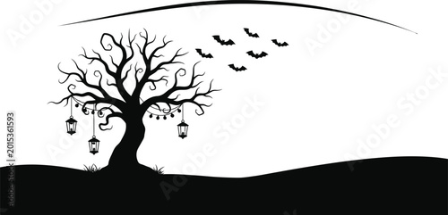 Spooky halloween scene with bare tree bats and hanging lanterns