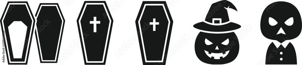 Fototapeta premium Halloween icon set coffins jack o' lantern and skull illustrations