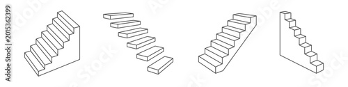 Minimalist outline staircase icons set in isometric perspective. 4 different stair shapes in line vector.