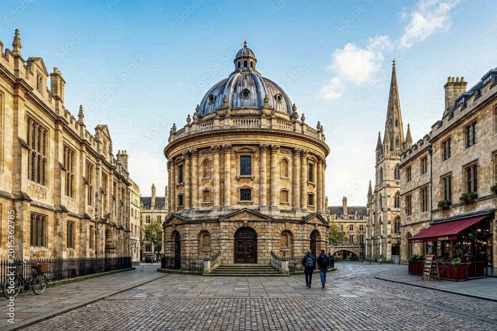 Fototapeta premium Historic university building stands tall in Oxford as two people walk by in the early evening light