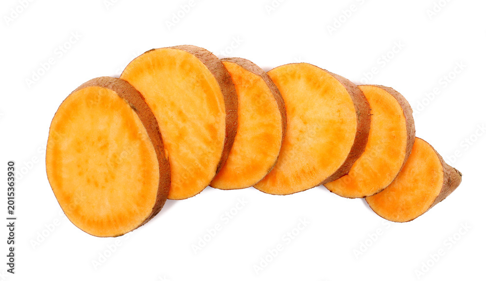 Naklejka premium Sweet potato raw isolated on white background, top view