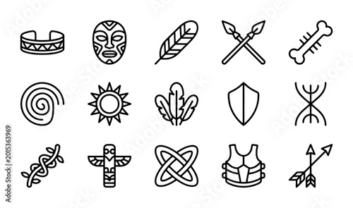 Foto Tribal Icons Set: Ancient Symbols, Masks, Totems, Weapons, and Ornaments Vector