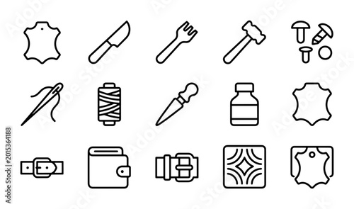 Schilderij op canvas Leather Crafting Icons Set: Tools, Materials, and Products for Artisan Projects