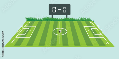 A green soccer field with a scoreboard and a ball on it in a cartoon style