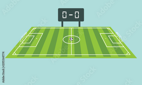 Illustration of a green soccer field with a scoreboard on a light blue background