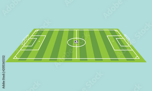 A green soccer field with white lines and a ball on a light blue background illustration
