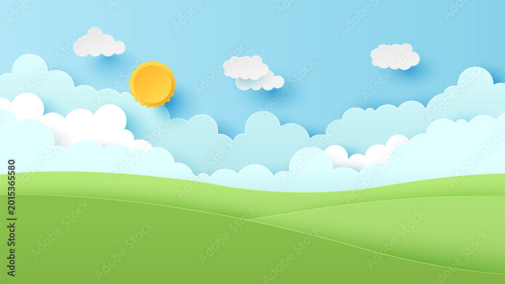 Fototapeta premium Nature landscape. Landscape scenery with mountain and white cloud in summer blue sky background. Paper cut and craft style illustration