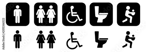 Collection of black and white restroom and accessibility including male female disabled toilet and baby changing symbols