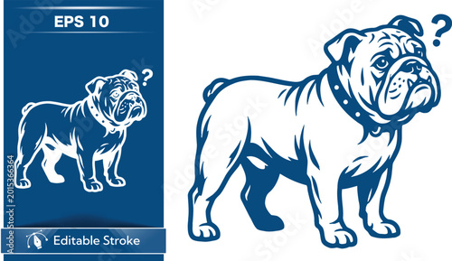Illustration of a blue bulldog with a questioning expression