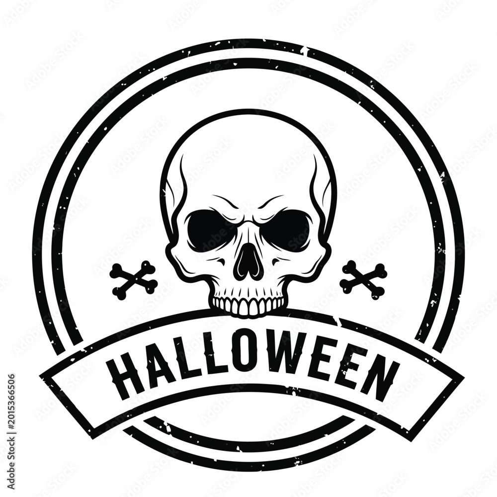 Fototapeta premium Halloween skull emblem with crossed bones on circular badge