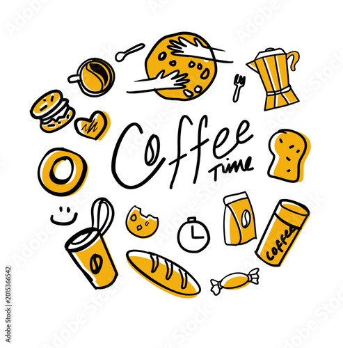 Doodle illustrations vetor coffee cup and coffee beans