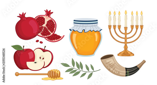 Bild auf Leinwand Traditional Jewish holiday symbols including pomegranates, apples with honey, a menorah, and a shofar horn for religious celebrations