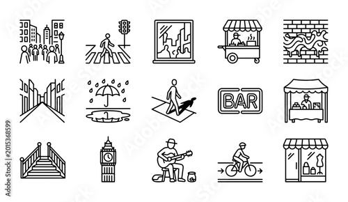 Bild auf Leinwand Urban City Life Icons: Street Scenes, Pedestrians, and Commerce Vector Set