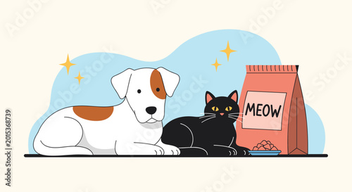 Cute white dog and black cat lying together peacefully next to a bag of meow pet food in a cozy indoor domestic setting.