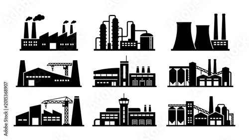 Tableau sur toile Industrial Factory Icons Set, Manufacturing Plant Silhouettes, Production Facili