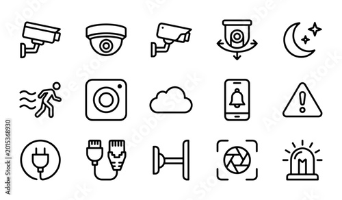 Konstfotografi Security Camera Icons, Surveillance System Elements, CCTV Technology Vector Set