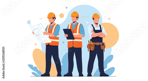 Tableau sur toile Professional construction team featuring an engineer with blueprints, a foreman with a clipboard, and a worker with a tool belt