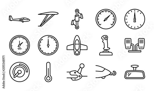 Schilderij op canvas Aviation Icons Set: Aircraft, Instruments, Controls, and Accessories Vector Grap