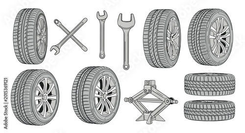 Bild auf Leinwand Set of car maintenance and repair equipment featuring several automotive tires with rims alongside metal wrenches and a mechanical car jack