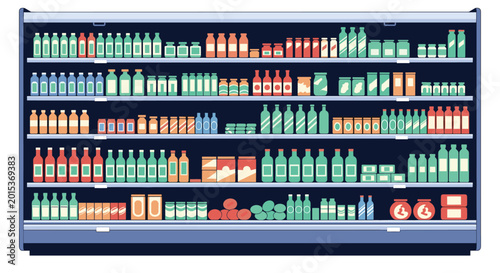 Fully stocked supermarket refrigerator display case with multiple shelves filled with colorful bottles of beverages and jars of food products.