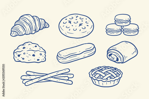 Obraz na płótnie Bakery pastry icons with croissant cookie macarons cake éclair breadsticks and p